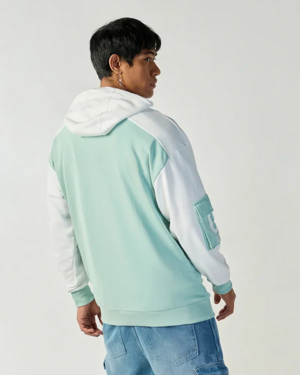 Men's Green & White Color Block Oversized Hoodies - Image 2